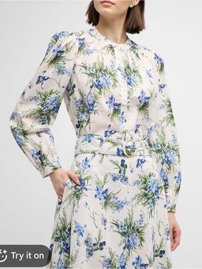 Veronica Beard Size 8 Ashlynn Floral Cotton Top, Off White Multi Blue